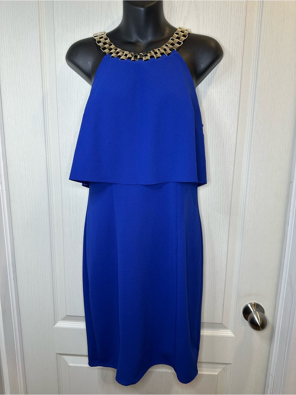 Decode 1.8 Halter Midi Dress in Cobalt Blue with gold tone chain neckline 8